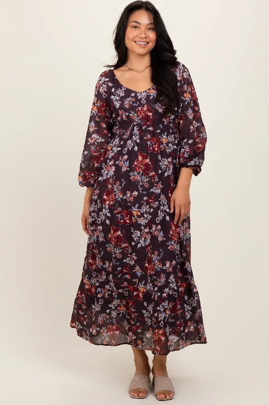 Brown Floral V-Neck Bubble Sleeve Maxi Dress Best maxi dresses for plus size