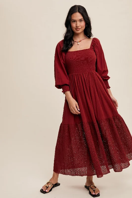 Burgundy Smocked Eyelet Lace Hem Maxi Dress Long sleeve maxi dresses