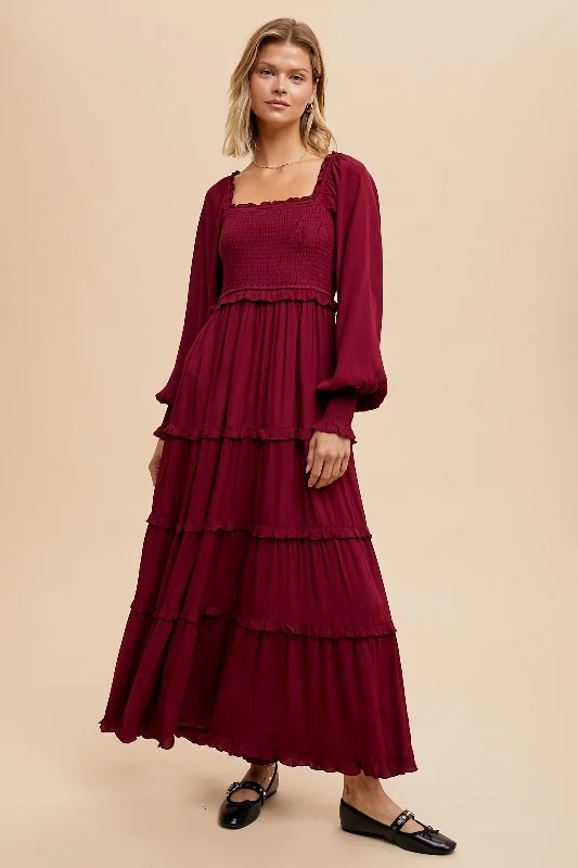 Burgundy Smocked Long Sleeve Ruffle Tiered Maxi Dress Office maxi dresses