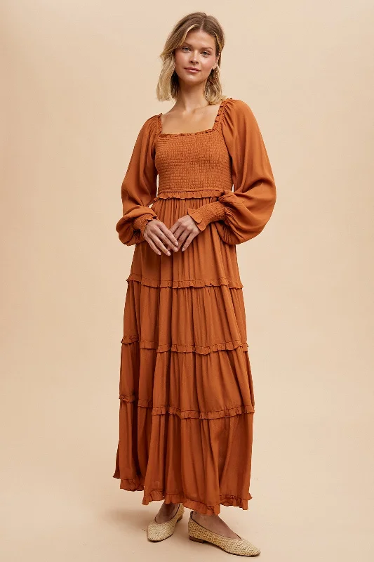 Camel Smocked Long Sleeve Ruffle Tiered Maxi Dress Vacation maxi dresses