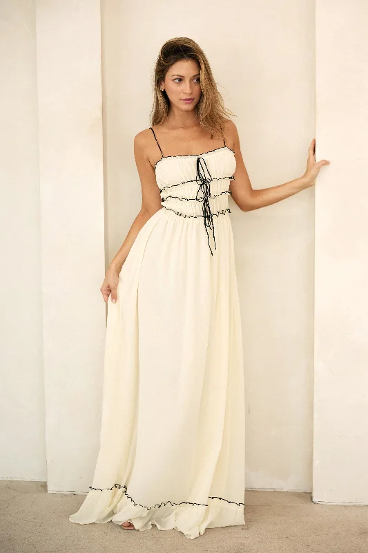 Cream Color Contrast Peasant Sleeveless Maxi Dress Fall maxi dresses