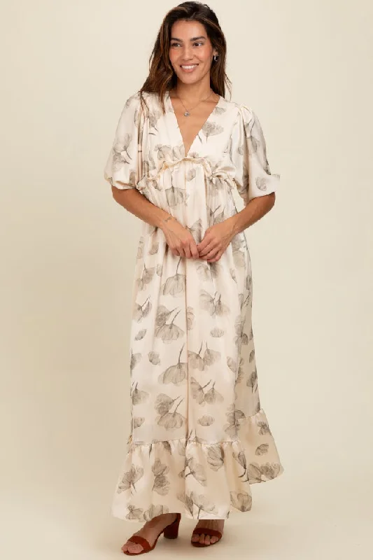 Cream Floral Chiffon Ruffle Accent Maxi Dress Goth maxi dresses