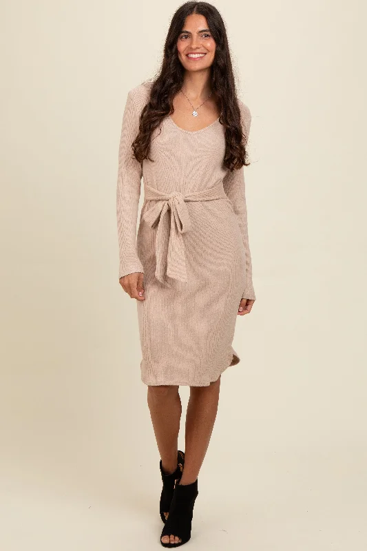 Cream Ribbed Knit Long Sleeve Tie Waist Dress Best maxi dresses for elegant looks