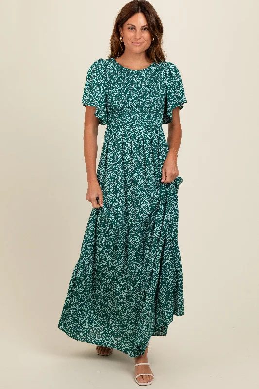 Deep Teal Floral Smocked Flutter Sleeve Maxi Dress Best maxi dresses for date night