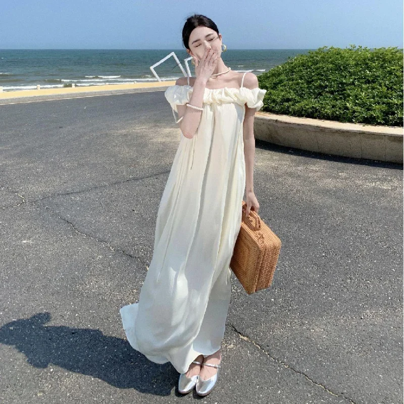 French Tea Break Strap Ruffled Off-shoulder Temperament Long Dress Cotton maxi dresses