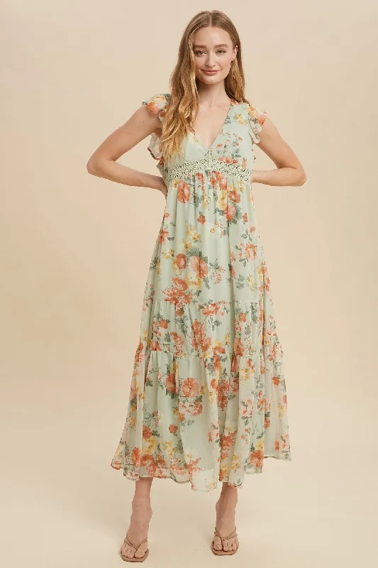 Green Tea Floral Chiffon Flutter Sleeve Maxi Dress Fashion-forward maxi dresses