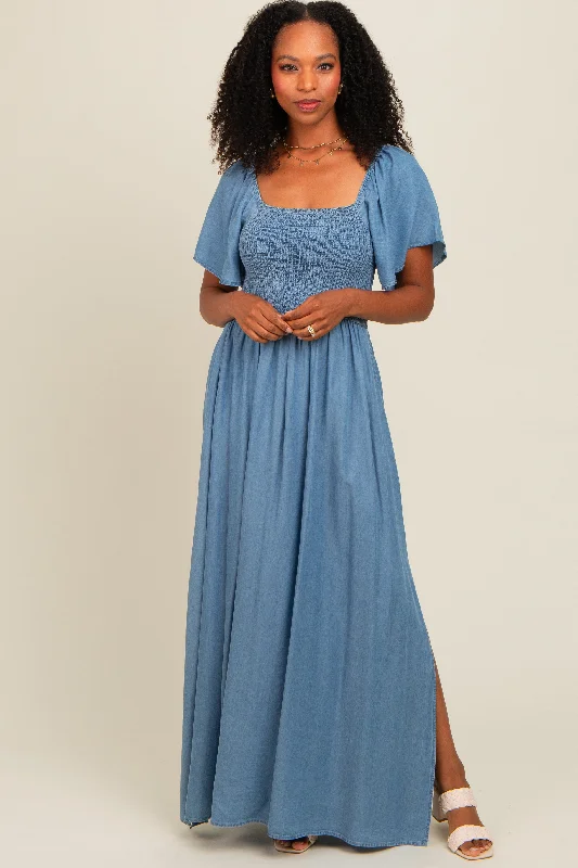 Light Blue Chambray Smocked Maxi Dress Urban Outfitters maxi dresses