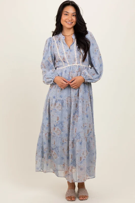 Light Blue Floral Lace Trim Maxi Dress Designer maxi dresses