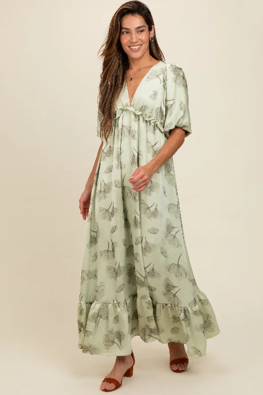 Light Olive Floral Chiffon Ruffle Accent Maxi Dress Chic maxi dresses