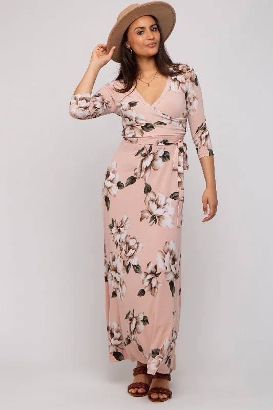 Light Pink Floral Wrap Maxi Dress Satin maxi dresses