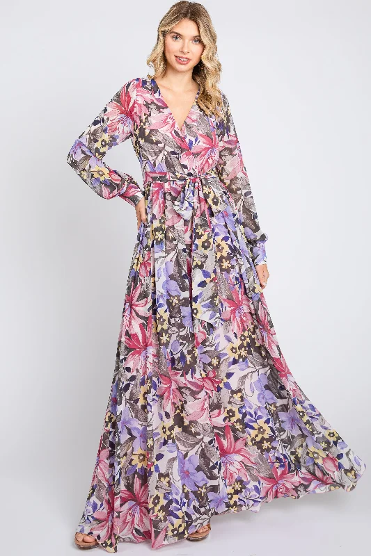 Mauve Floral Chiffon Wrap Front V-Neck Long Sleeve Maxi Dress Y2K maxi dresses