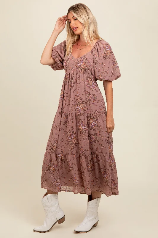 Mauve Floral Tiered Puff Sleeve Maxi Dress Must-have maxi dresses for this season