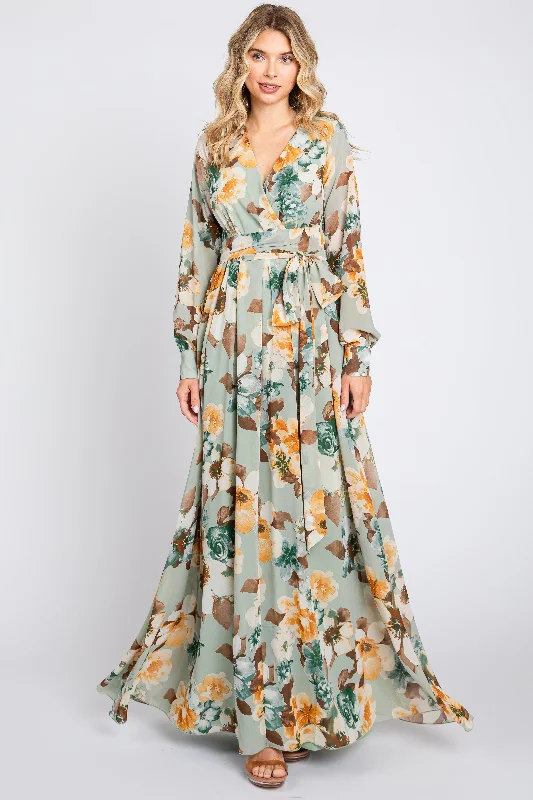 Mint Green Floral Chiffon Wrap Front V-Neck Long Sleeve Maxi Dress Preppy maxi dresses