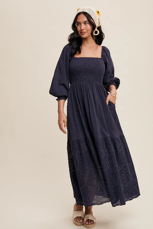 Navy Blue Smocked Eyelet Lace Hem Maxi Dress Sexy maxi dresses