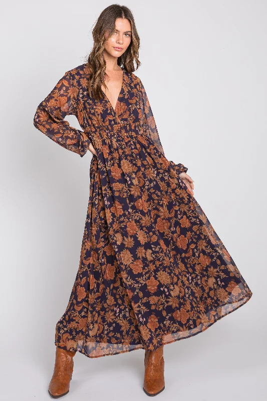 Navy Floral Long Sleeve V-Neck Maxi Dress Hot new arrivals in maxi dresses