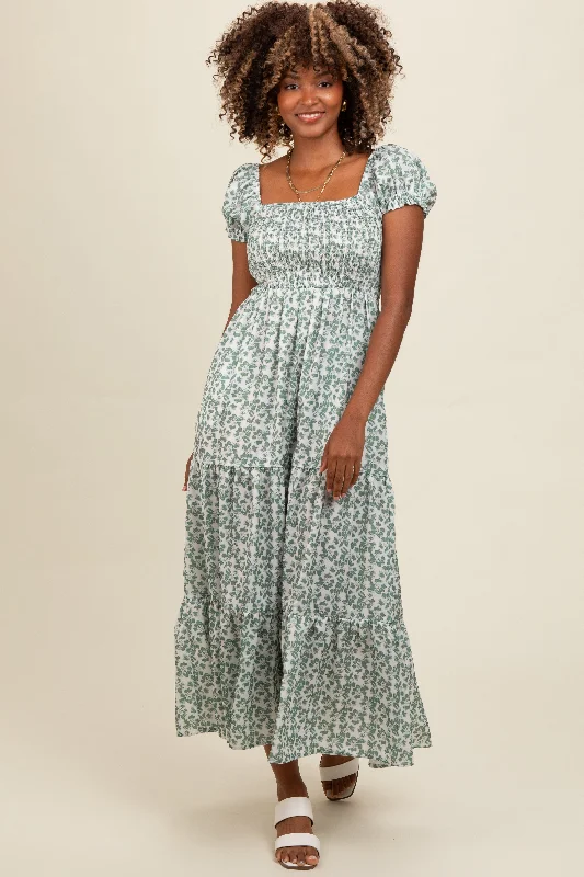 Olive Floral Puff Sleeve Smocked Maxi Dress Wrap maxi dresses