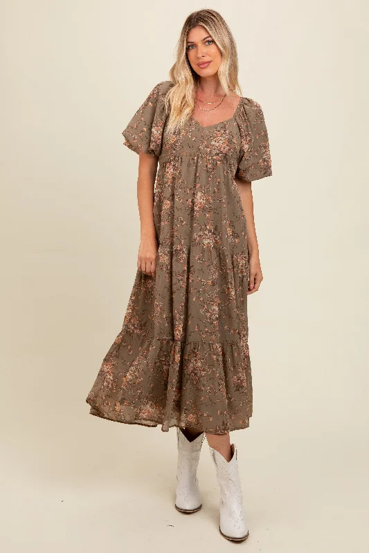 Olive Floral Tiered Puff Sleeve Maxi Dress Boohoo maxi dresses