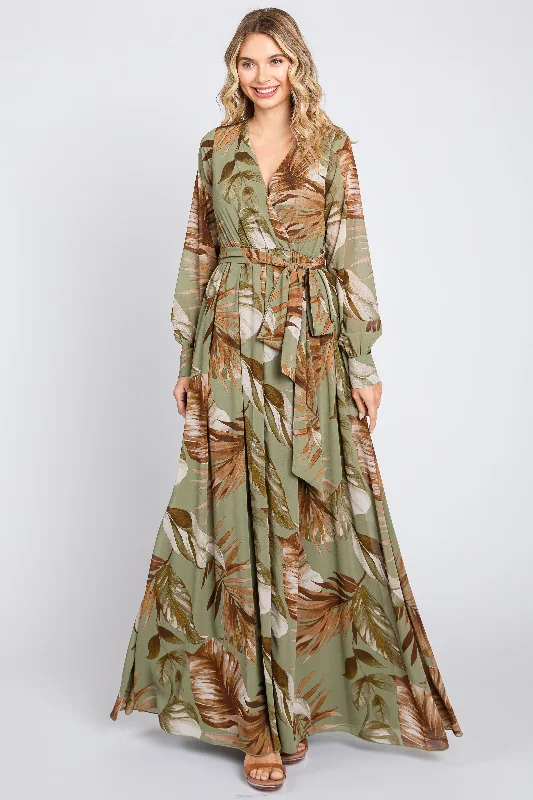 Olive Palm Print Chiffon Wrap Front V-Neck Long Sleeve Maxi Dress Shein maxi dresses