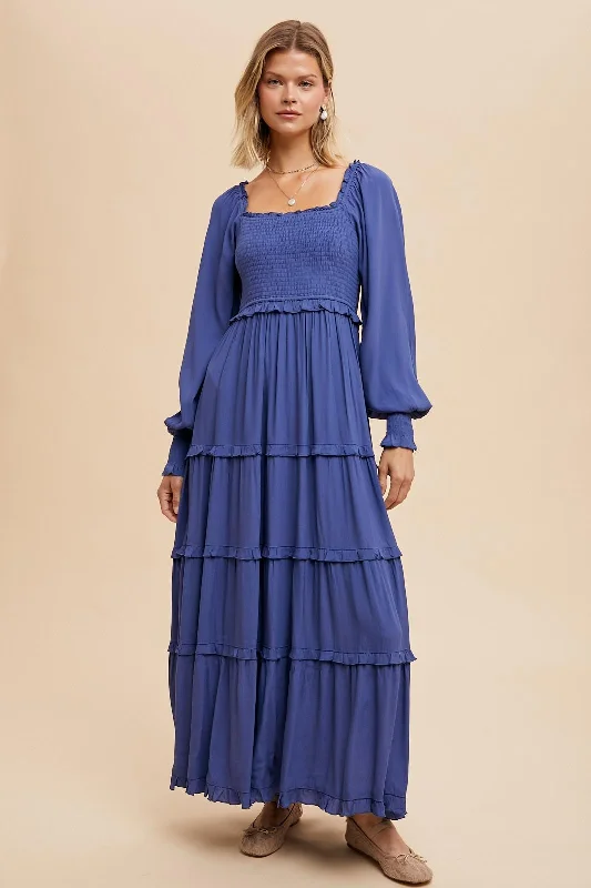 Periwinkle Smocked Long Sleeve Ruffle Tiered Maxi Dress Festival maxi dresses