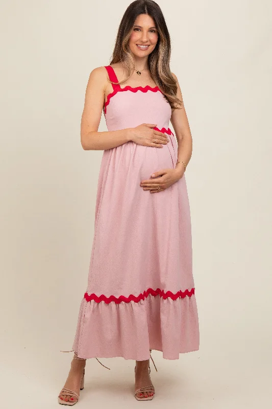 Pink Contrast Trim Maternity Maxi Dress Velvet maxi dresses