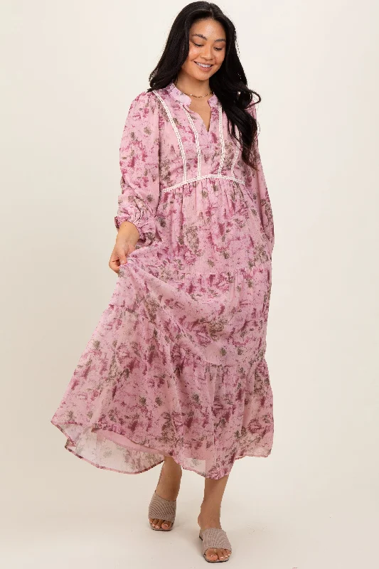 Pink Floral Lace Trim Maxi Dress Discounted maxi dresses