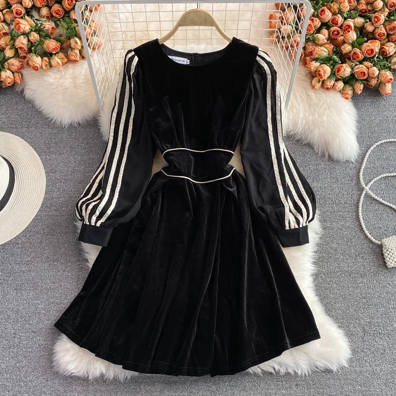 Quality waist stripe long sleeve fake two piece velvet dress  3229 Lace maxi dresses