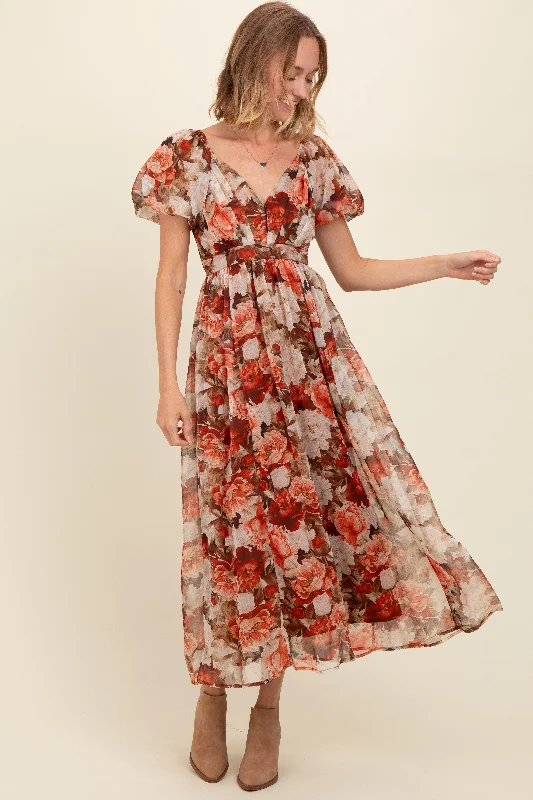 Rust Floral Puff Sleeve Maxi Dress Trendy maxi dresses under $50