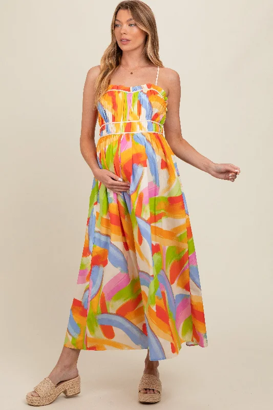 White Abstract Print Pleated Bodice Maternity Maxi Dress Best maxi dresses for summer vacation