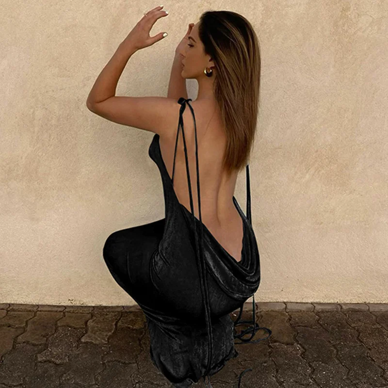 Women'S Fashion Sexy Backless Lace-Up Halter Neck Slim Maxi Dress Party maxi dresses