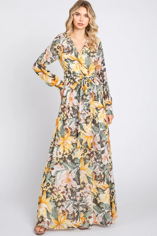 Yellow Floral Chiffon Wrap Front V-Neck Long Sleeve Maxi Dress Vintage maxi dresses