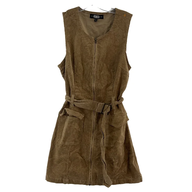 Rewash Brown Corduroy Full Zip Gogo Mod Belted Sheath Dress L Cotton Short Women Cute Mini Skirt