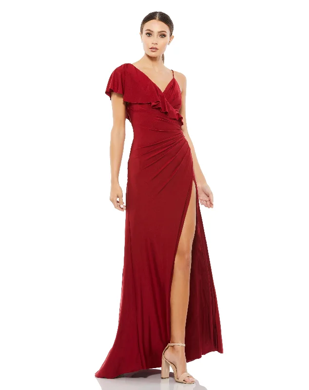 Asymmetric V-Neck Jersey Ruffled Cap Sleeve Gown Open-back unclassified dresses