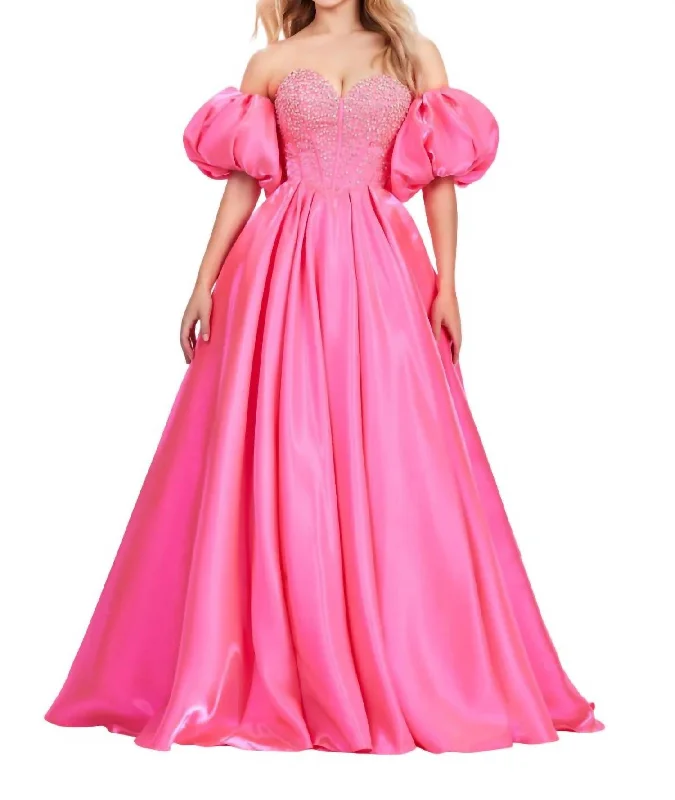 Beaded Corset Back Satin Gown In Hot Pink Discounted unclassified dresses