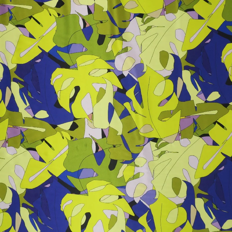 Blue, Green, Yellow and Lilac Abstract Monstera Leaves Printed Silk Charmeuse Fabric Bold pattern unclassified dresses