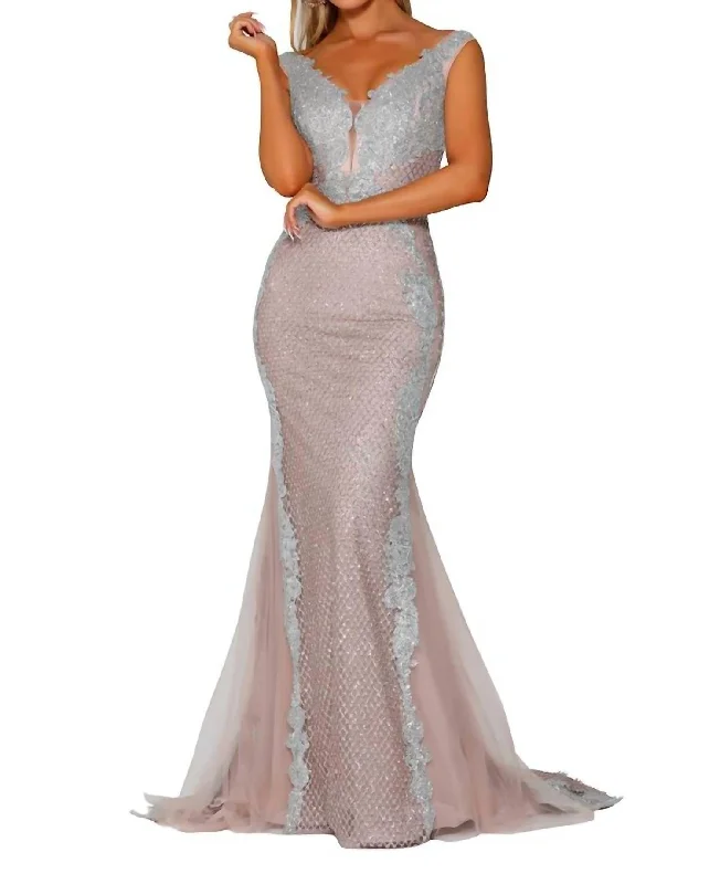 Cap Sleeve Glitter Appliqued Mermaid Gown In Silver Nude Bright color unclassified dresses