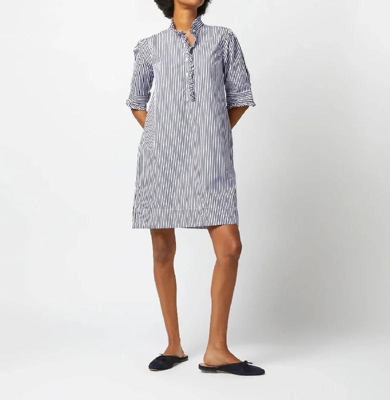 Elbow-Sleeved Frill Dress In Navy Bengal Stripe Poplin Summer unclassified dresses