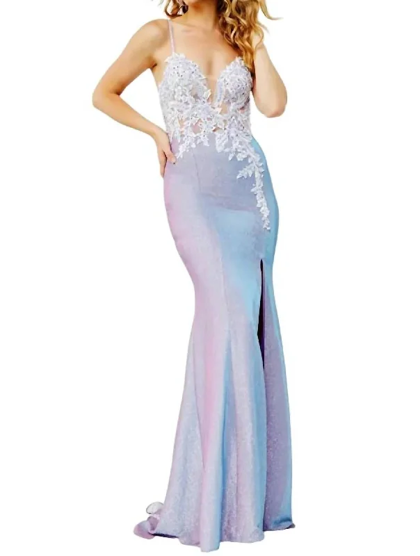 Embroidered Bodice Fitted Prom Dress In Lilac Bold pattern unclassified dresses