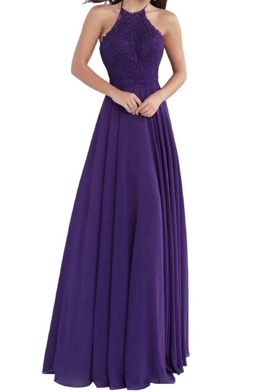 Embroidered Halter Neck A-Line Dress In Purple Bodycon unclassified dresses