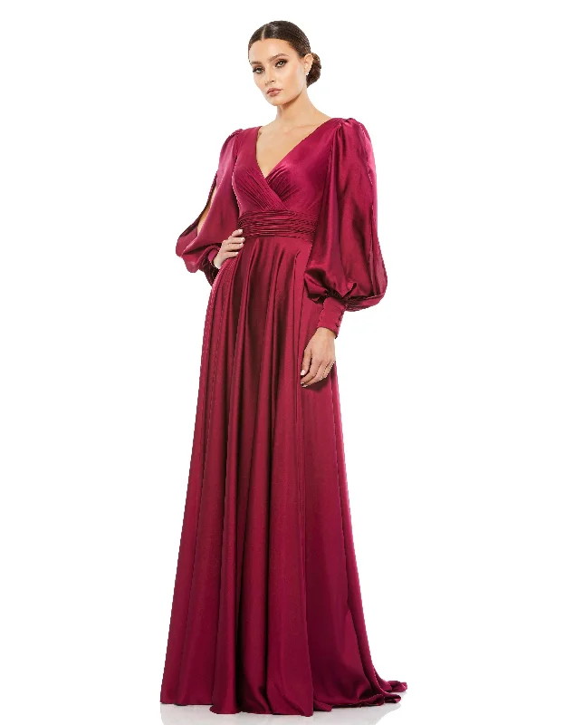 Flowy Split Bishop Sleeve Faux Wrap Gown Engagement unclassified dresses