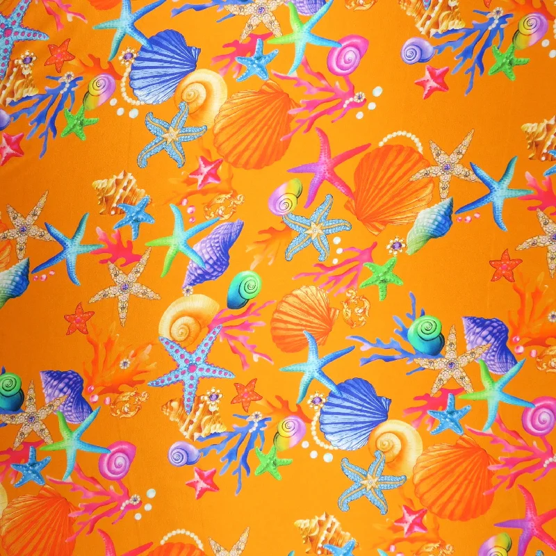 Multicolored Seashells and Starfish on Orange Printed Silk Charmeuse Fabric Earthy tone unclassified dresses