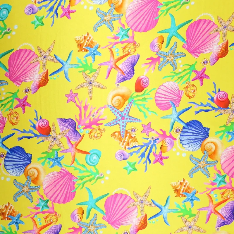 Multicolored Seashells and Starfish on Yellow Printed Silk Charmeuse Fabric Dark color unclassified dresses