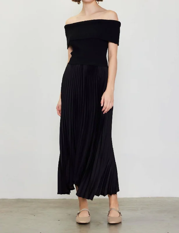 Off Shoulder Mixed Media Pleated Dress In Black Everyday wear unclassified dresses