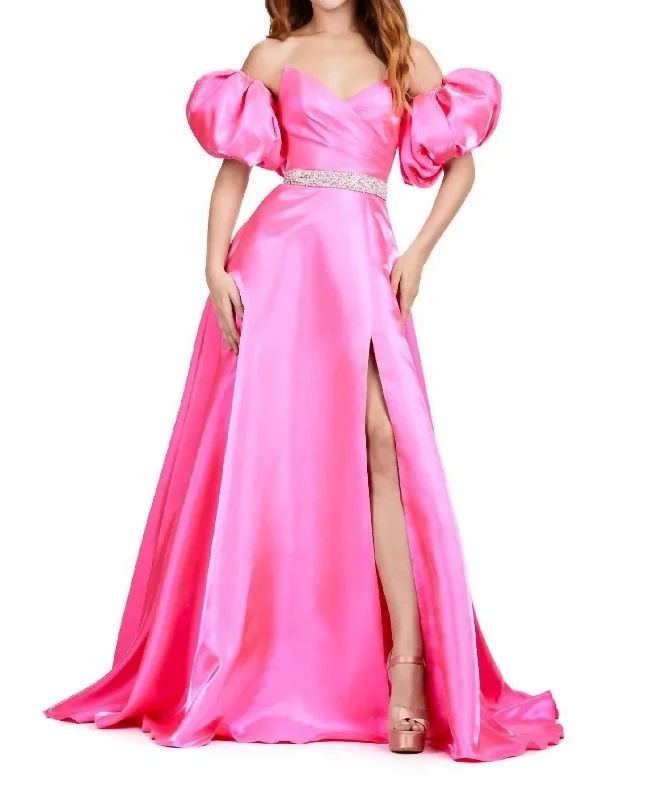 Off Shoulder Puff Sleeve Satin Gown In Hot Pink Striped unclassified dresses