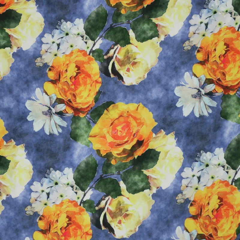 Orange, Yellow and White Flowers on Blue Background Charmeuse Polyester Fabric Breathable unclassified dresses