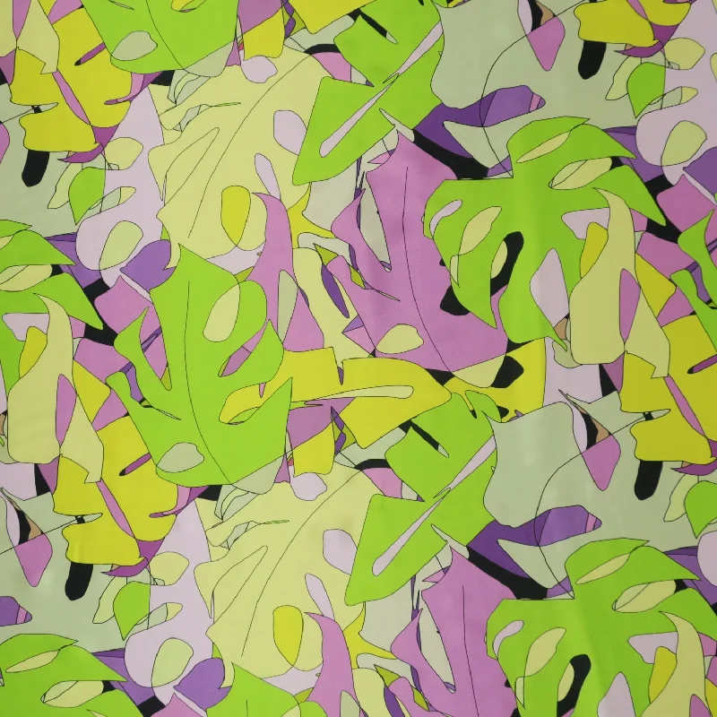 Pink, Green, Yellow and Lilac Abstract Monstera Leaves Printed Silk Charmeuse Fabric Soft fabric unclassified dresses