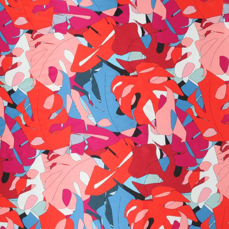 Pink, Red and Blue Abstract Monstera Leaves Printed Silk Charmeuse Fabric Bright color unclassified dresses