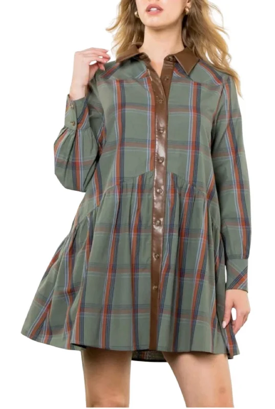 Plaid And Leather Dress In Green Fashionable unclassified dresses