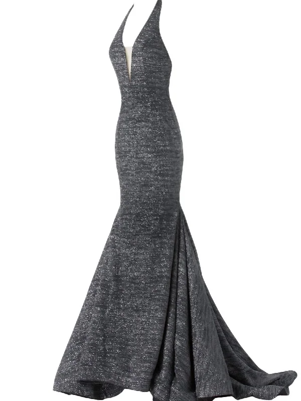 Plunging Halter Neck Formal Gown In Grey Trendy new unclassified dresses