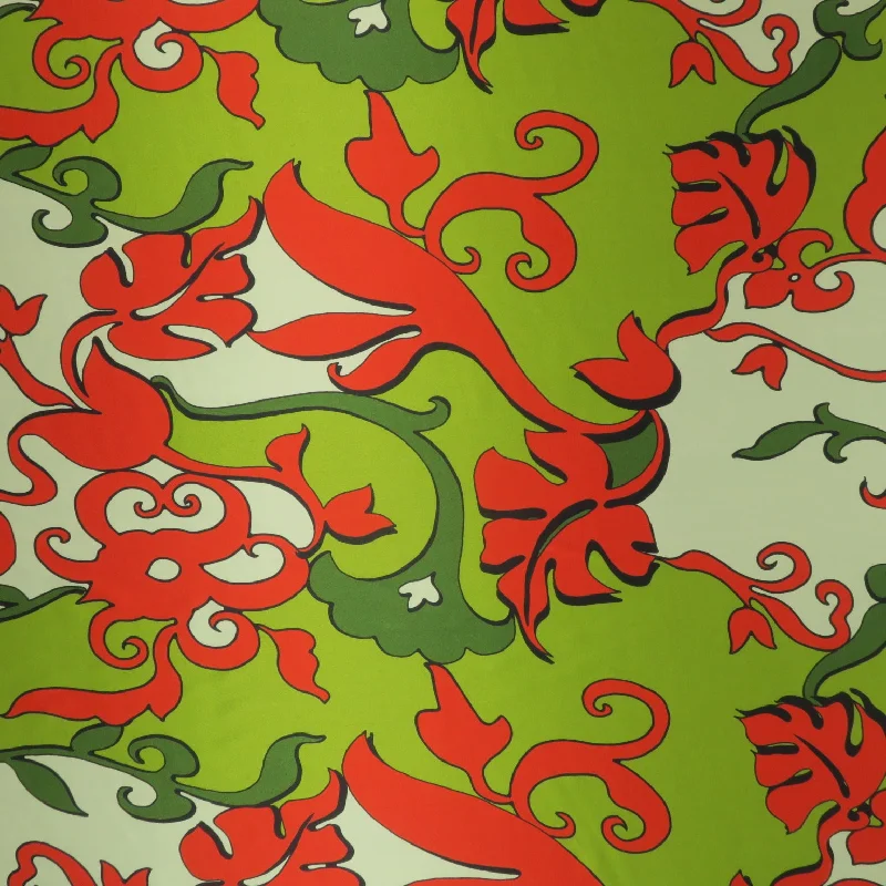 Red and Green Abstract Leaves Printed Silk Charmeuse Fabric Short unclassified dresses