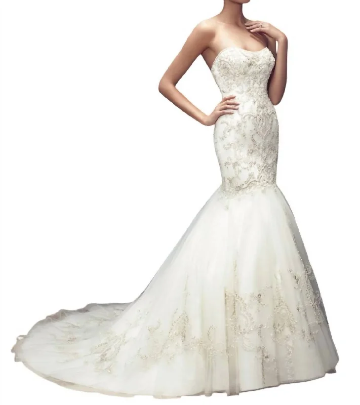 Strapless Fit And Flare Shaped Gown In Ivory/ivory/silver Beaded unclassified dresses